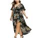 Toyfunny Fashion Women Short Sleeve Floral Printed Bell Sleeve High Low Maxi Dress