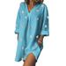 Women's Casual Loose Pocket V neck Mini Dress Long Sleeve Linen Polka Dot Print Split Dresses Tunic Tops Blouse Shirt Dress