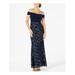 ADRIANNA PAPELL Womens Navy Sequined Floral Sleeveless Off Shoulder Full-Length Sheath Formal Dress Size 2P