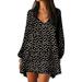 Jocestyle Summer Floral Women Split Long Sleeve V Neck Mini Short Dress (Black M)