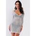 Rhinestone Studded Sheer Mesh Deep V-neck Long Sleeve Bodycon Dress