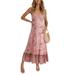 Sexy Dance Women Sleeveless V-Neck Dress Summer Boho Spaghetti strap Tank Top Dress Floral Printed Sexy Maxi Dress Pink S(US 2-4)