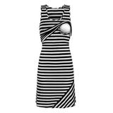 Women's Pregnant Nusring Striped Sleeveless Maternity Breastfeeding Midi Dress