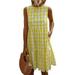 Sexy Dance Women Buffalo Plaid T Shirt Dress Sleeveless Summer Beach Loose Tunic Skated Swing Dresses Yellow XL=US 14