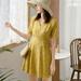 Women's Fashion Floral Print Dress V-Neck Short Sleeve Elegant Casual Lace Up A-Line Dress Yellow L
