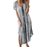 UKAP Women Short Sleeve Tie Dye Printed Long Maxi Dress V-neck Beach Sundress Boho Kaftan Dress Ladies Loose Fitting Tunic Dress Side Split