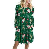 Ladies Christmas Print Midi Dress Women Cocktail Party Dress Xmas Gifts Plus Size Vocation Dresses Long Sleeve Round Neck Tunic Dress with Pockets