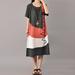 Women Cotton Vintage Dress Contrast O Neck Short Sleeves Mid-Calf Length Casual Loose Dress Dark Grey/Watermelon Red