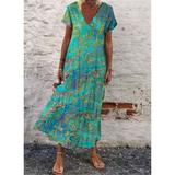 New Women's Short Sleeve Long Dress Casual Beach Summer Dress V Neck Printed Dress Elegant Dress Plus Size Dress Loose Dress Boho Dress