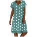 Spftem Fashion Women Casual Loose Polka Dot Print Colorblock Short Sleeves V-Neck Dress