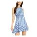 SEQUIN HEARTS Womens Blue Ruffled Striped Sleeveless Halter Short A-Line Dress Size M