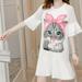 Plus Size Summer Dress Women Fashion Casual O-Neck Half Sleeve Cat Printed Mini Dress Pullover Mesh Dresses vestidos de verano*