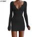 EleaEleanor Ladies Autumn Dress Casual Solid Color Low-Cut V-neck Tight Long Sleeve Dress