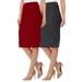 Women's High Waist Stretch Pull On Casual Office Soft Pencil Midi Skirt (Pack of 2) Burgundy-Charcoal L