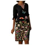 TOYFUNNY Women Fashion Plus Size Medium Length Printed Long-Sleeved V-Neck Dress