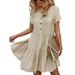 Avamo Women Solid Button Dress Short Sleeve U Neck Frill Midi Dress Ladies Summer Tiered Dress S-XL Apricot S(US 4-6)