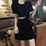 Left wind Fashion Hollow Out Show Off Waist Dresses Chic Sexy Female Dress New O Neck Short Sleeve Dress Black Black M