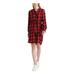 LUCKY BRAND Womens Red Belted Ruffled Plaid Long Sleeve With buttons Above The Knee Shift Dress Size M