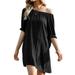 Women Flowy Mini Sundress Slash Neck Solid Dress Short Sleeve Mid-Length Dress