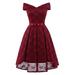 Tomshoo Women Lace Skater Dress Off the Shoulder Bow Pleated A-Line Bridesmaid Evening Party Gown Dress