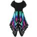 Women's Butterfly Print Lace Up Empire Waist Short Sleeve V Neck Midi Dress