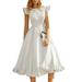 Jocestyle Women White Petal Sleeves Vintage Dress High Waist Elegant Dresses (L)