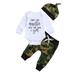 Baby Boys Fall Outfits, Cute Short/Long Sleeve Letter Print Romper + Camo Pants + Top Knot Hat 3Pcs Set