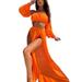 Women's 2Pcs Bikini Swimsuit Cover up Beach Outfits Long Sleeve Crop Top Slit Maxi Skirt Dress Set