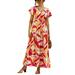 UKAP Women Short Sleeve Casual Dress Elastic Waist Boho Button Tiered Maxi Dresses Floral Printed with Belt Yellow (Leaves) XXL(US 14-16)
