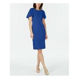 CALVIN KLEIN Womens Blue Zippered Layover Sleeves Cap Sleeve Jewel Neck Knee Length Sheath Dress Size 4