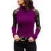 Women Turtleneck Lace Patchwork Long Sleeve Solid Color Top Plus Size