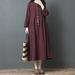 Women Vintage Loose Dress Long Sleeves Striped Button Front Pockets Autumn Spring Boho Oversized Robe Midi Dress