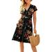 Womens V-Neck Floral Printed Ruched Midi Dress Summer Casual Swing Sundress