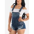 Womens Sleeveless Denim Short Overall Romper Distressed Dark Wash Denim Short Overalls 10136I