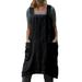 UKAP Casual Beach Kaftan for Women Vintage Fashion Pockets A Line Pinafore Cotton Linen Overall Apron Dress Black XXXL(US 16-18)