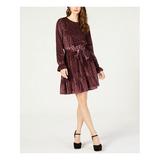 MICHAEL KORS Womens Purple Burnout Velvet Flounce Long Sleeve Jewel Neck Above The Knee A-Line Dress Petites Size: M