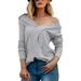 Women's Oversized Off Shoulder Pullover Tops Long Sleeve Loose Fit Waffle Knit Tops Front Cross Hollow Knit Tops, Gray-M