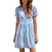 UKAP Women Boho Beach Sundress Puff Sleeve Floral Printed Buttons Decor Mini Dress Casual Comfy Swing Dresses