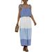 Women's Casual Strap Sleeveless Maxi Dress Boho Sundress Ruffled Contrast Color Block Lace Up Long Maxi Dresses with Pockets