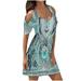 Lanhui Women Half Sleeve U-Neck Casual Cold Shoulder Printed Short Mini Shift Dress