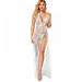 Women Lace Perspective Halter Low-cut Nightdress Set Deep V Neck Ankle Length Dress + Thong