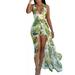 Womens Maxi Rompers Beach Boho Dress Sleeveless Halter Backless Floral Print Long Party Dress