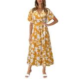 Summer Casual Floral Print Midi Dress for Women Short Sleeve Wrap Dress Bohemian Beach Sundress