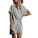 Lumento Women Button Down Striped Beach Sundress Knotted Casual Short Sleeve Dress Gray L