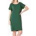 Women & Plus Round Neck Rolled Sleeve Knee Length Tunic Shirt Dress with Pockets (Dk Green, M)