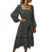 French Style Ladies Square Collar Midi Dress Elegant Long Sleeve Floral Print Vintage Women Dresses Plus Size XL Clothing