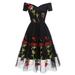 Women Floral Embroidered Mesh Dress Off the Shoulder Short Sleeves Vintage A-Line Tea Cocktail Dress