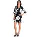 24seven Comfort Apparel Black and White Rose Print 3/4 Length Sleeve Tunic Dress