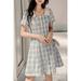 Women Button Down Short Sleeve Fashionable Plaid Pattern Dress