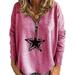 Womens Plus Size Star Print Zip Up v Neck Long Sleeve Shirts Casual Blouse Tops
